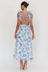 Madara Lace-Up Back Maxi Dress Floral Blue