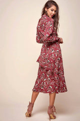 Jackson Waist Tie Bell Sleeve Dress Red Wine