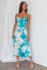 Infinity Pintuck Bust Midi Dress Flower Teal