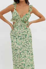 Second Chances Ruffle Trim Maxi Dress Flowers Green