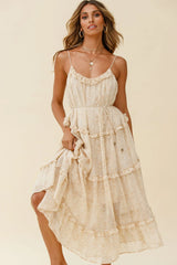 Daybreak Frill Trim String Tie Waist Midi Dress Floral Print Beige