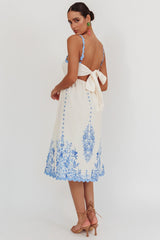 Asami Floral Print Ric Rac Trim Midi Dress Blue