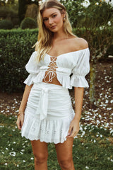 Josephina Off-Shoulder Lace-Up Front Crop Top White
