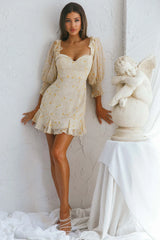 Desiree Sweetheart Neckline Shirred Cuff Frill Dress Floral Print Yellow