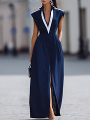 Navy Blue V-Neck Contrast Trim Sleeveless Maxi Dress