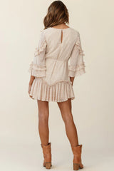 Yours Sincerely Three-Quarter Sleeve Accordion Pleat Dress Spot Print Nude