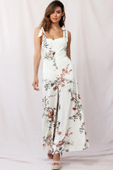 Therese Tied-Shoulder Wide Leg Jumpsuit Floral Print Beige