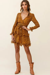 Greta Tiered Ruffle Chiffon Dress Animal Print Mustard