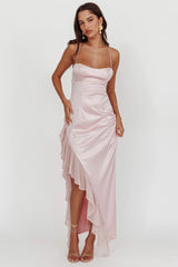 Katarina Satin Ruffle Hem Maxi Dress Cheek