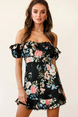Bobby Bardot Neckline Puff Sleeve Dress Black