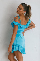 Ode To Love Sweetheart Neckline Tied Shoulder Frill Mini Dress Blue