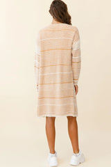Moon Shine Fuzzy Knit Long Cardigan Striped Beige