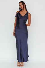 Averie Bow Shoulder Split Midi Dress Navy