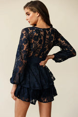 Maddox Fit & Flare Long Sleeve Romper Floral Lace Navy