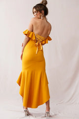 Cloud 9 Bardot Neckline Corset Back Dress Mustard