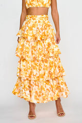 Suenito Tiered Frill Maxi Skirt Floral Orange
