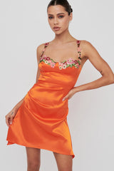 Rose Garden Floral Applique Pleat Mini Dress Orange