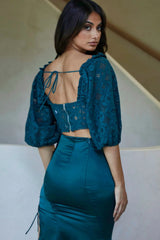 Talk About Me Puff Half Sleeve Circle Trim Crop Top Forest Green