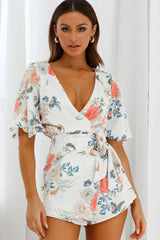 Nadi V-Neckline Wrap Romper Floral Print White