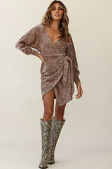 Isolde Ribbed Velour Wrap Dress Taupe