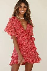 Sweet Talk Short Sleeve Ruffle Detail Dress Speckle Print Red