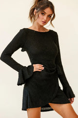 Minerva Flared Cuff Knit Wrap Dress Black