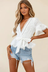 Summer Solstice Short Sleeve Lace Trim Top White
