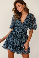 Psalm Angel Sleeve Frill Dress Floral Stencil Print Navy