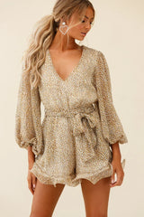 Hilda Long Sleeve Waist Tie Romper Leopard Print Mustard
