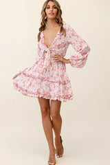 Sunny Daze Long Sleeve Tie-Knot Bust Dress Floral Print Pink