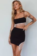 Call On Me Diamante Fringe Mini Skirt Black
