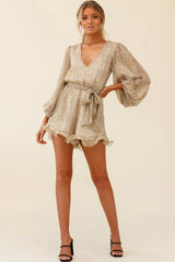Hilda Long Sleeve Waist Tie Romper Leopard Print Mustard