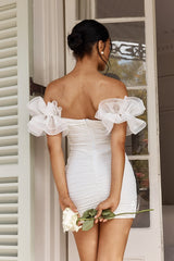 Star Dust Off-Shoulder Frill Sleeve Mini Dress White