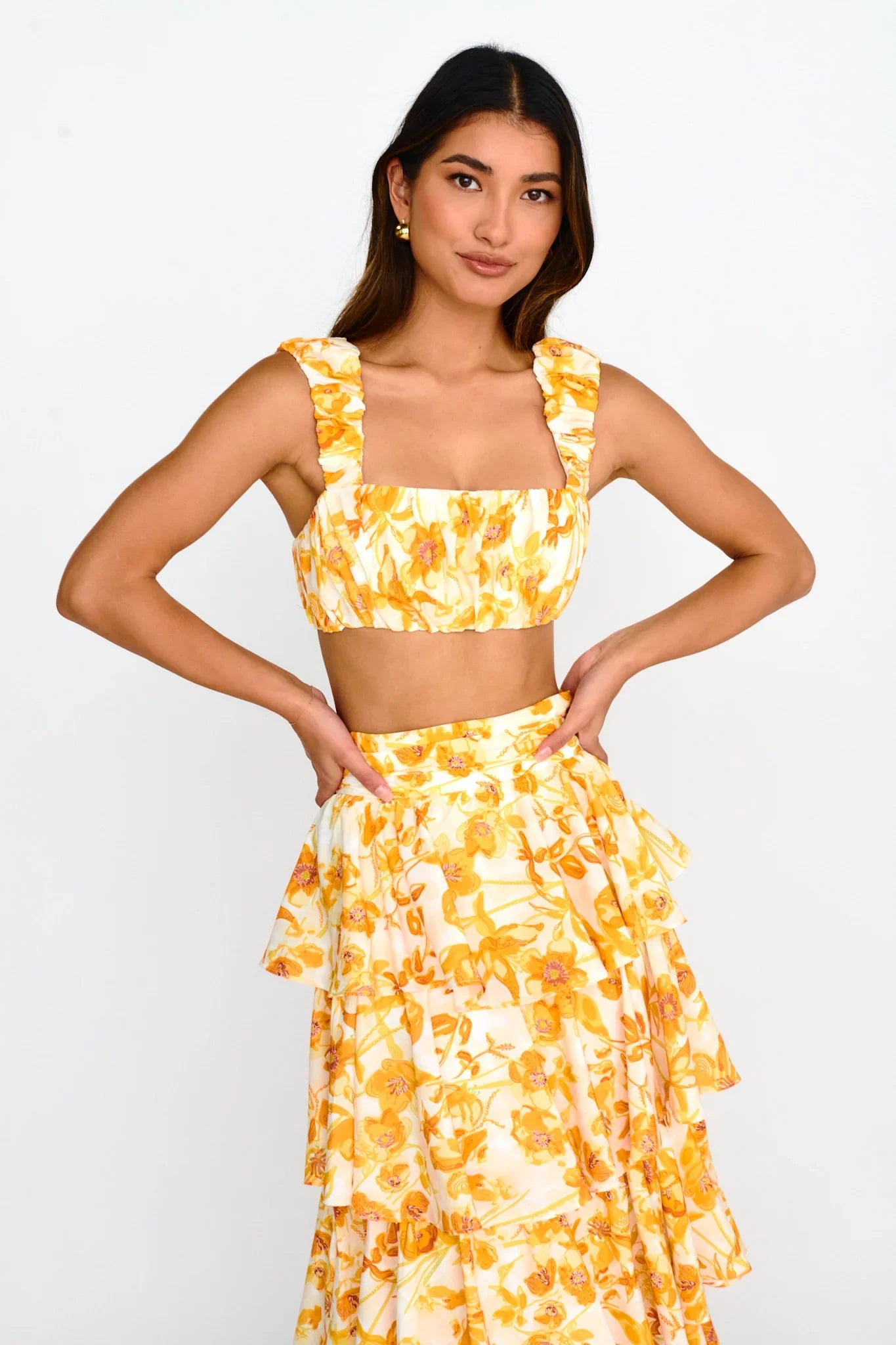 Suenito Gathered Crop Top Floral Orange