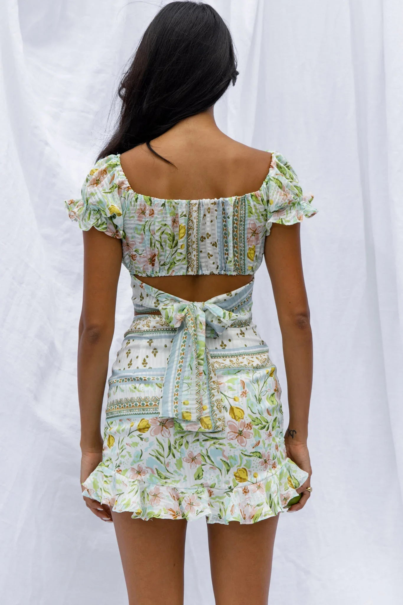 Azure Sky Ruched Mini Skirt Printed Green