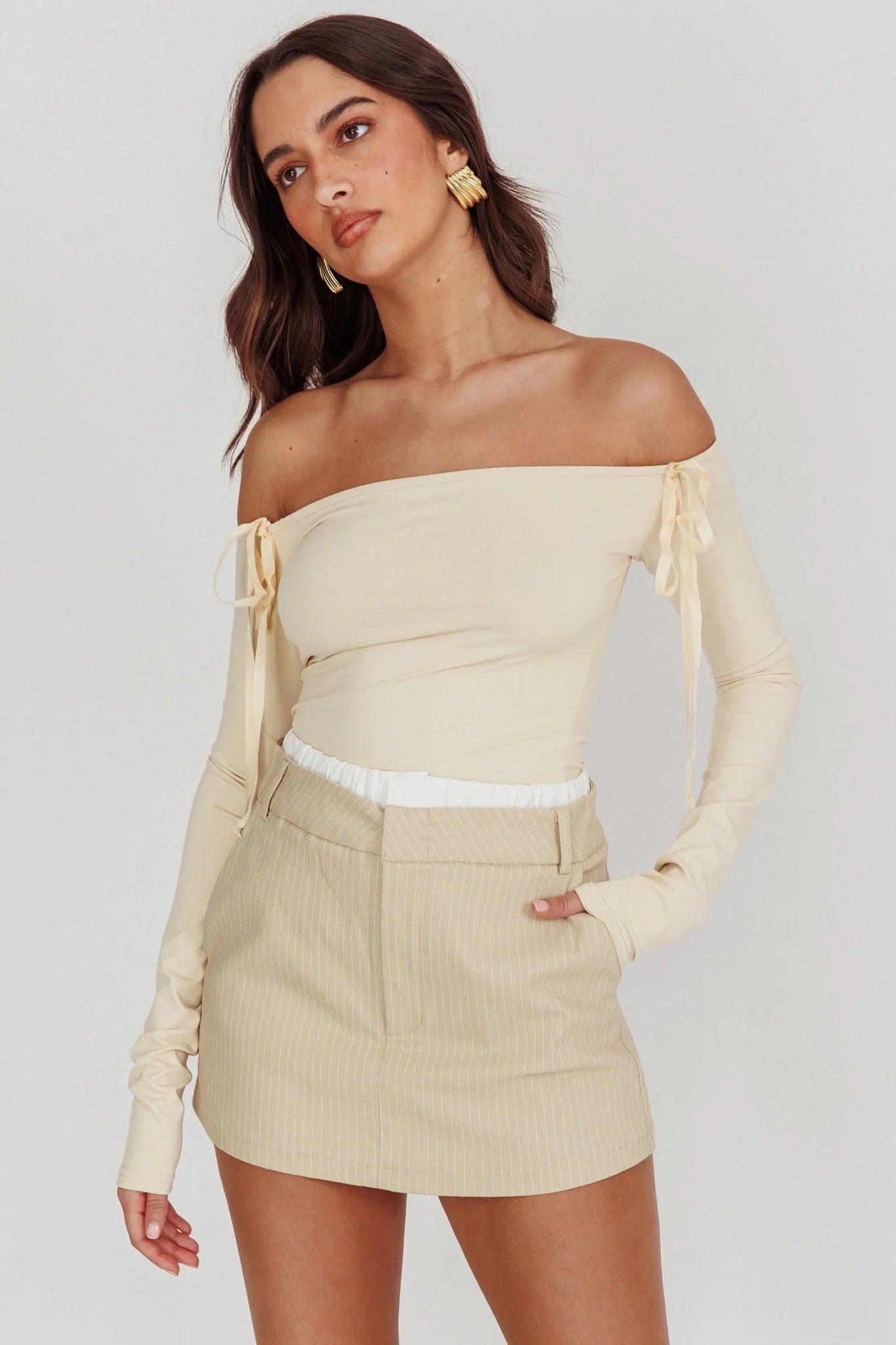 Rhian Pinstripe Double Waistband Skort Beige White