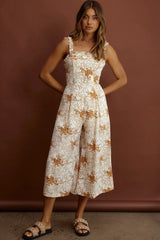 Magdalene Frill Strap Midi Jumpsuit Vintage Floral Tan