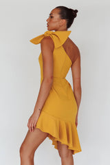 Tiffany One-Shoulder Bow Dress Mustard