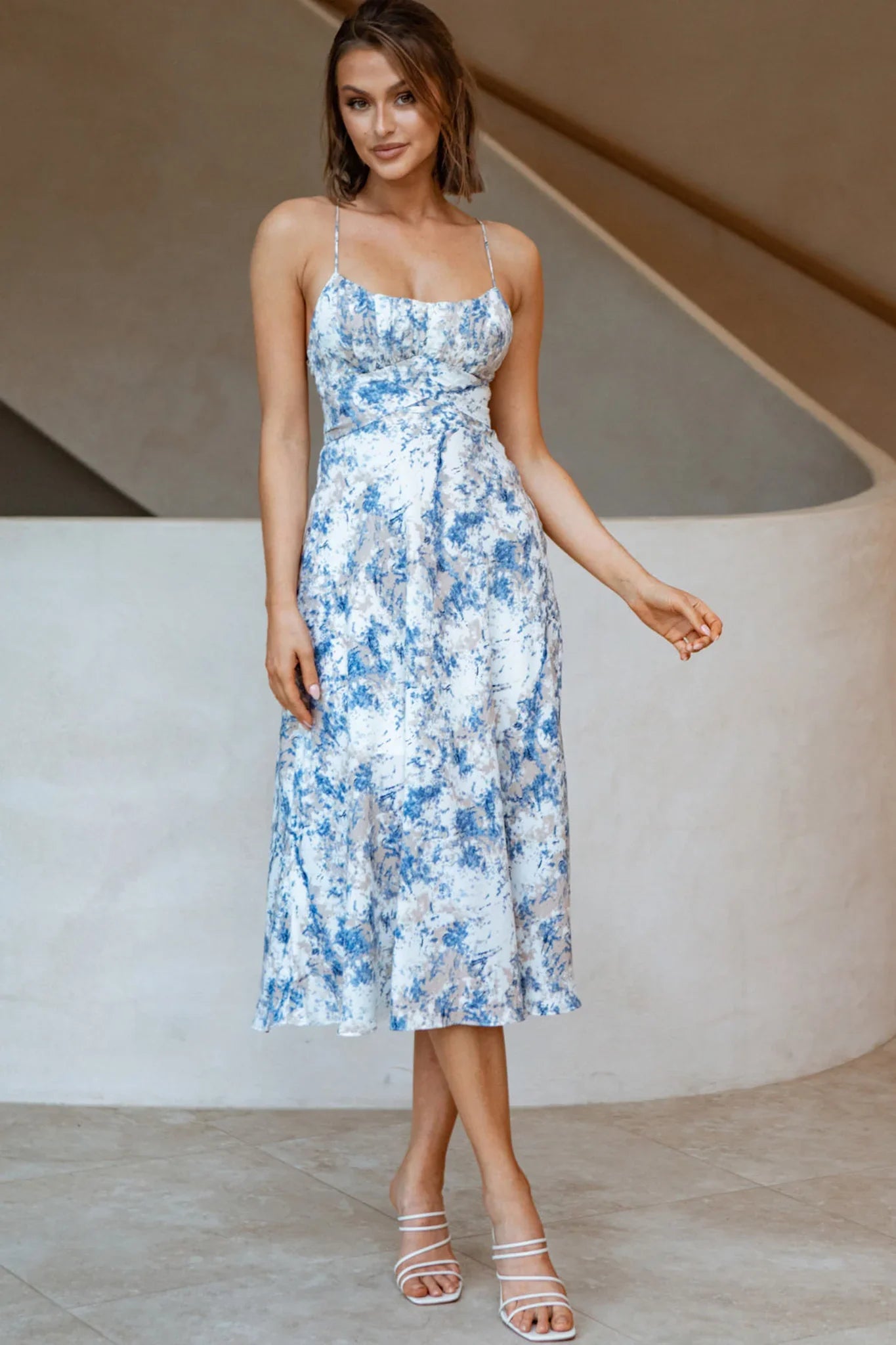 Linka Cami Strap Midi Dress Marble Print Blue