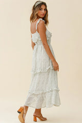 Priscilla Tied Bust Frill Detail Maxi Dress Floral Print Olive