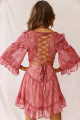 Albany Lace Up Back Frill Dress Pink