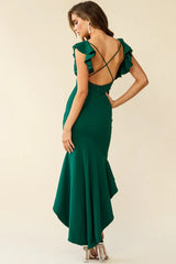 Pearl Ruffle Strap High-Low Hem Dress Forest Green