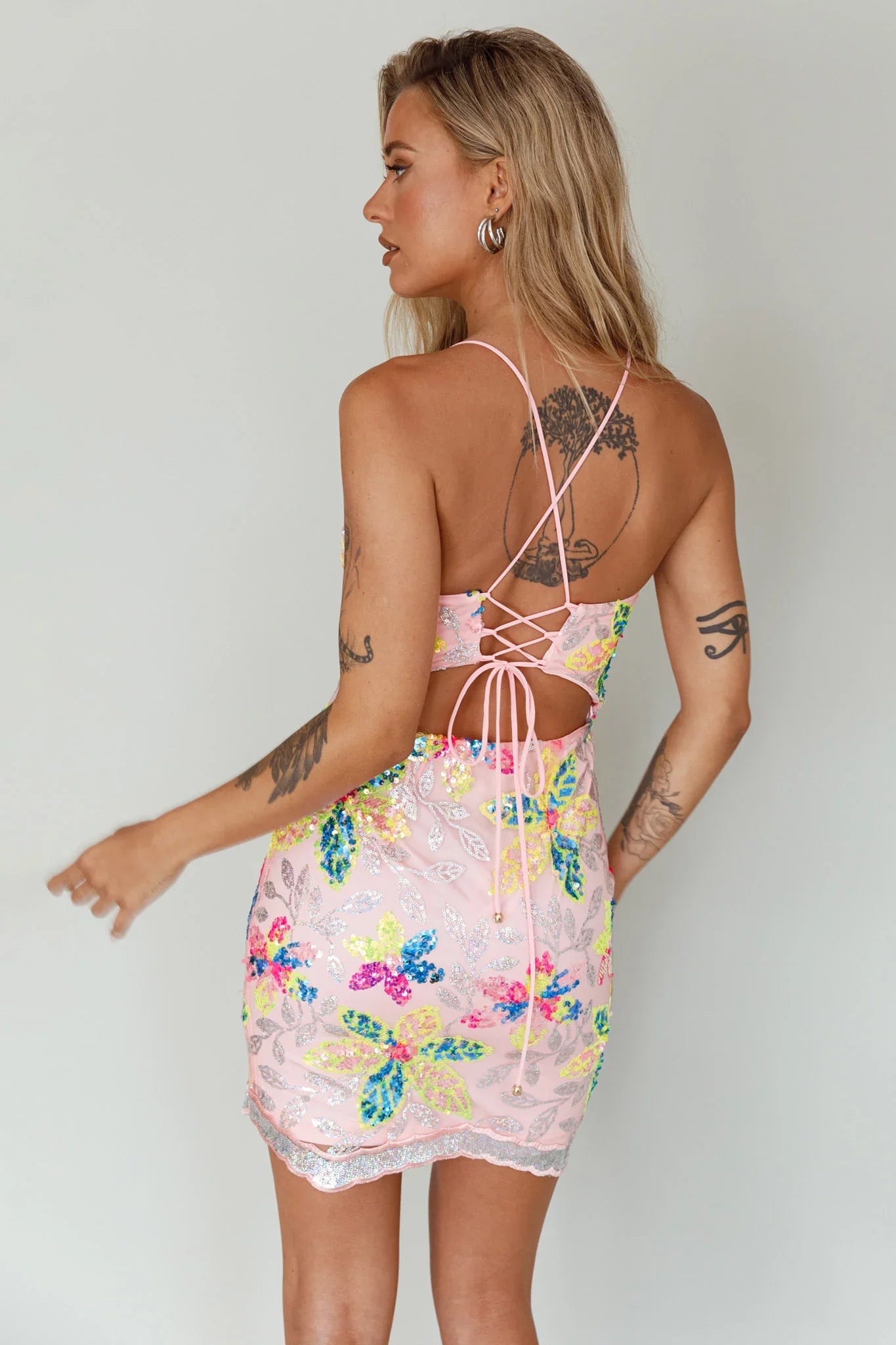 Anu Cut-Out Laced Back Sequin Dress Pink
