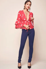 Robbi Cherry on Top Deep V Bell Sleeved Top Red
