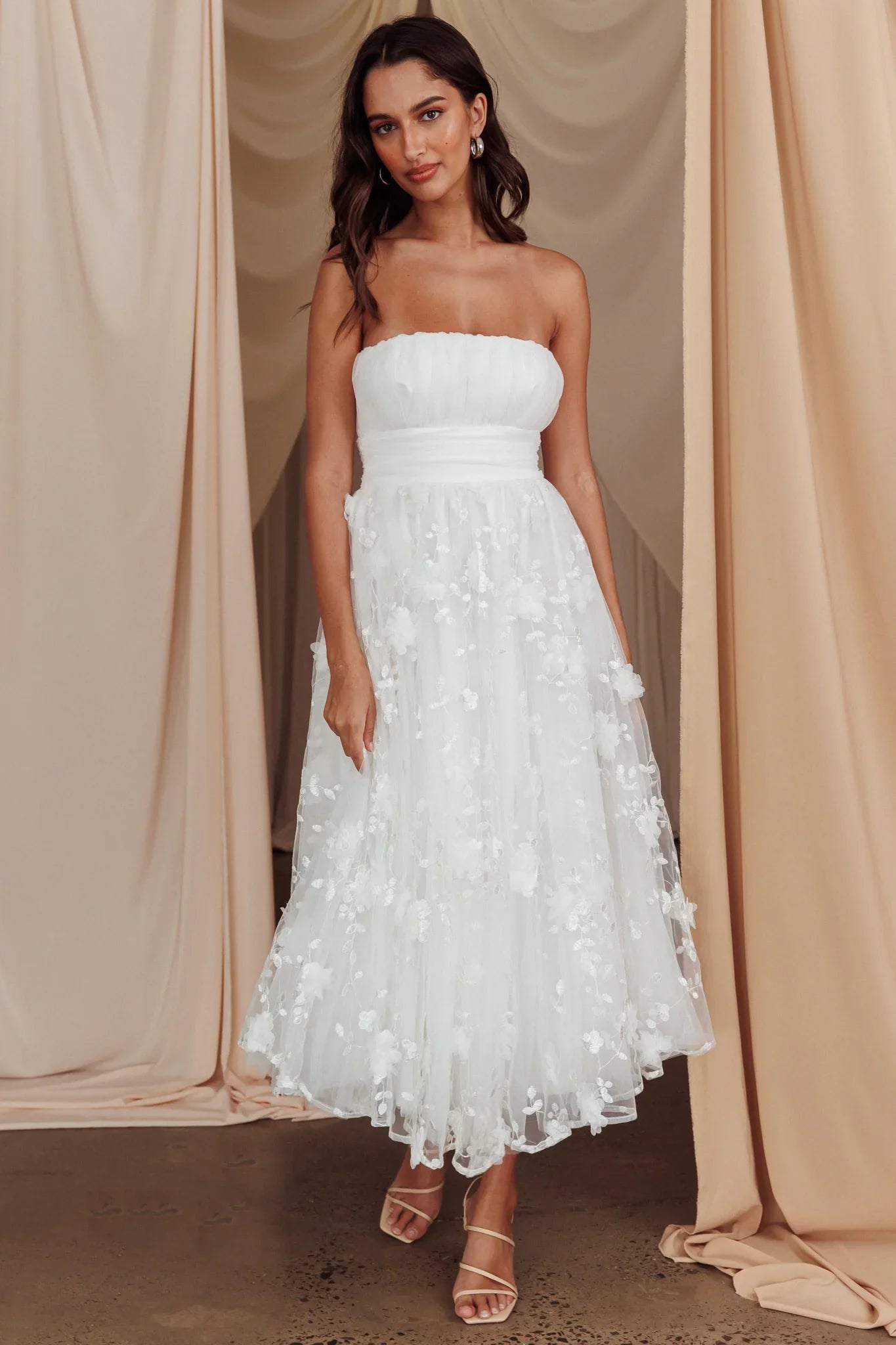 Fayette Strapless Mesh Midi Dress Embellished White