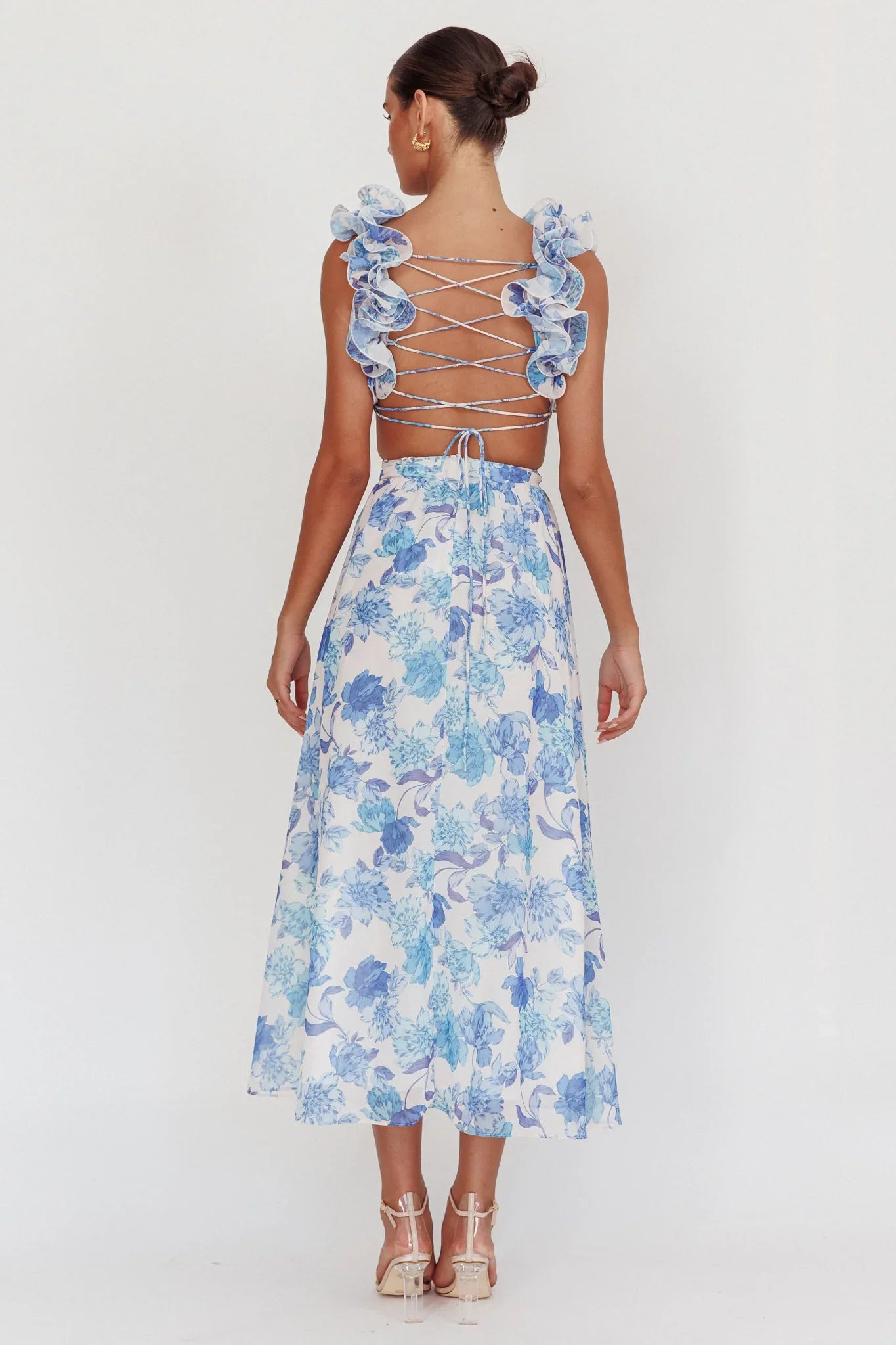 Madara Lace-Up Back Maxi Dress Floral Blue