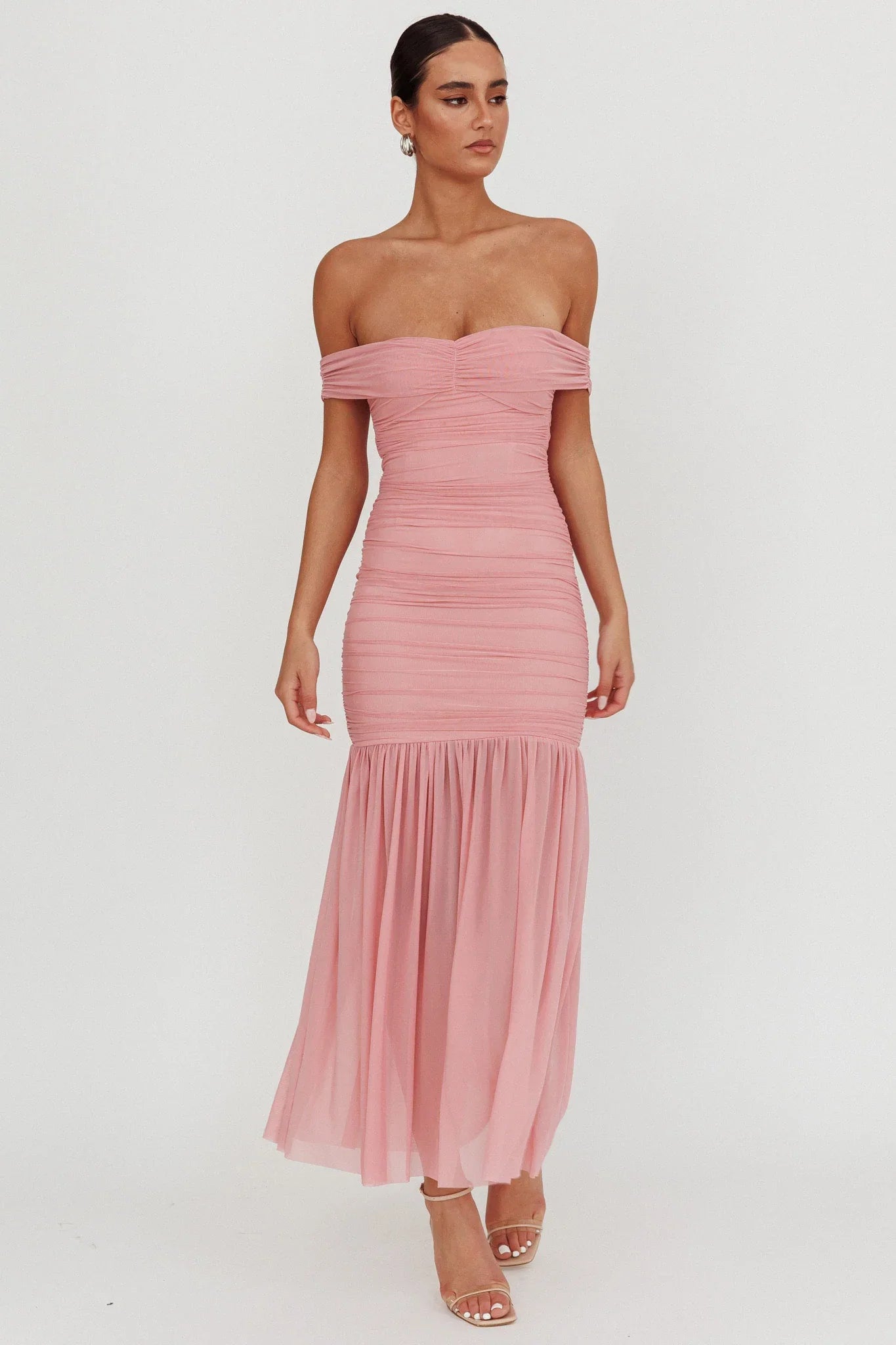 La Salle Off Shoulder Mesh Maxi Dress Pink