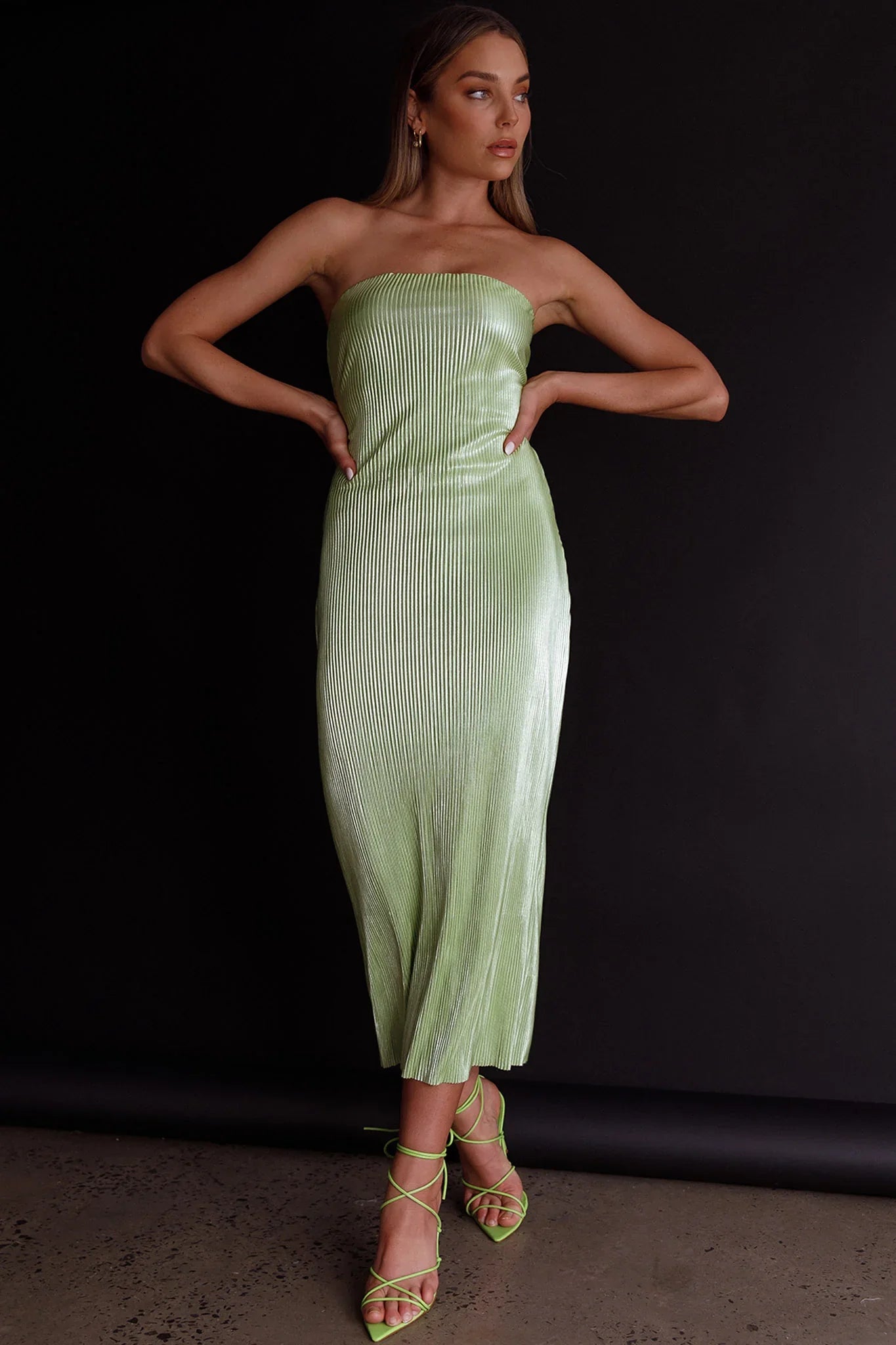 Shondra Accordion Pleat Tube Dress Lime