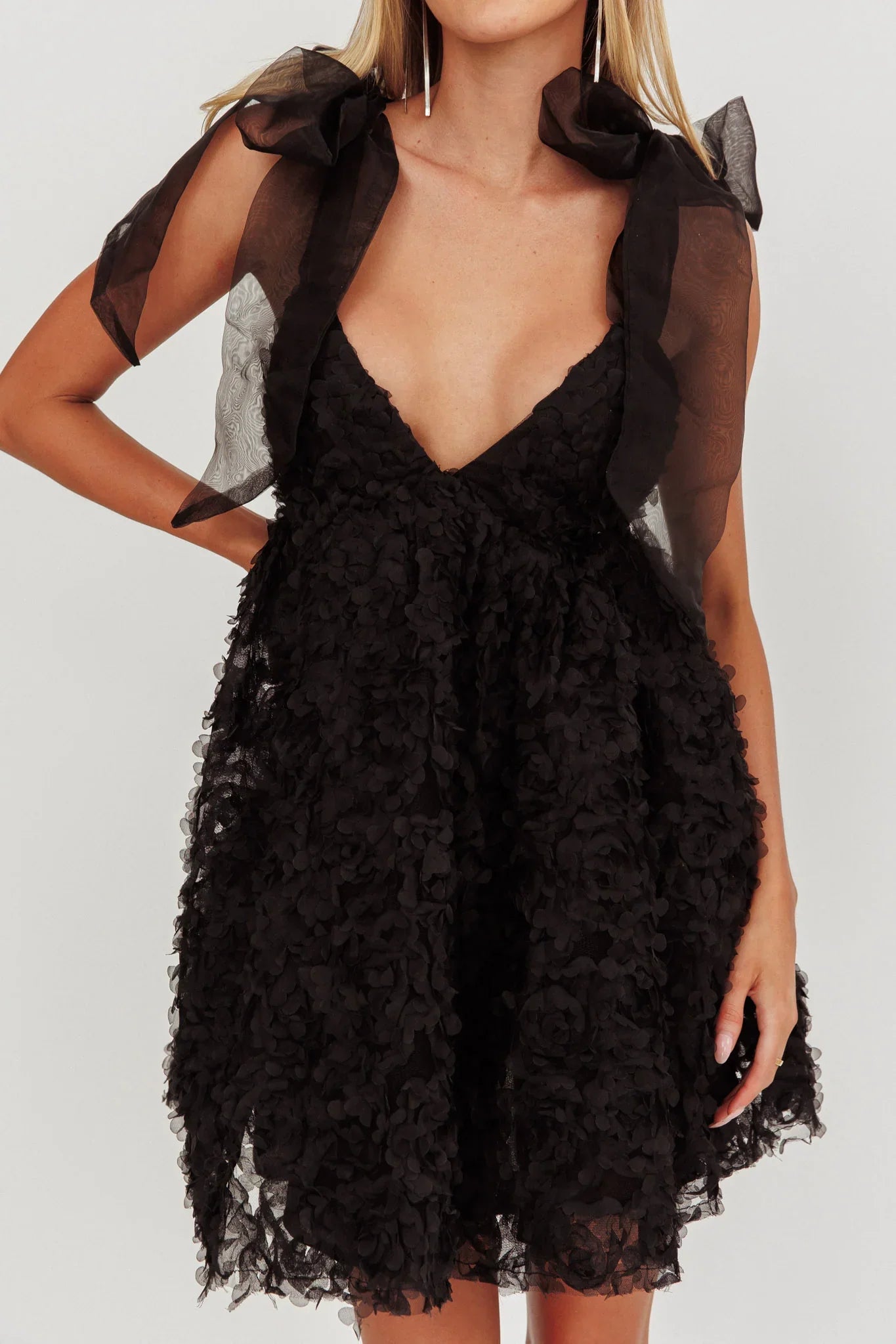 Lisette Tied Shoulder Embellished Mini Dress Black