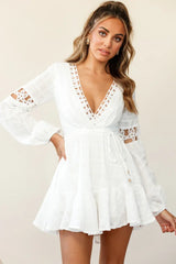 Chloye Long Balloon Sleeve Lace-Up Back Dress White